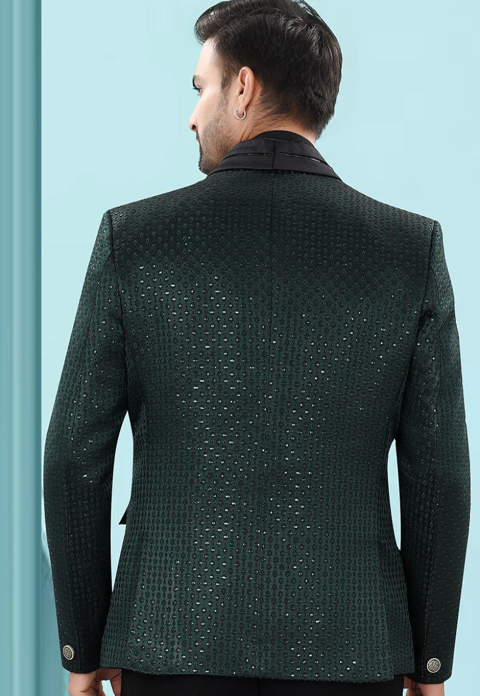 Embroidered Art Silk Jacquard Blazer in Dark Green