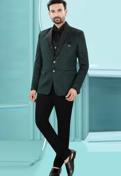 Embroidered Art Silk Jacquard Blazer in Dark Green