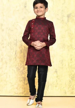 Embroidered Art Silk Jacquard Kurta Set in Maroon