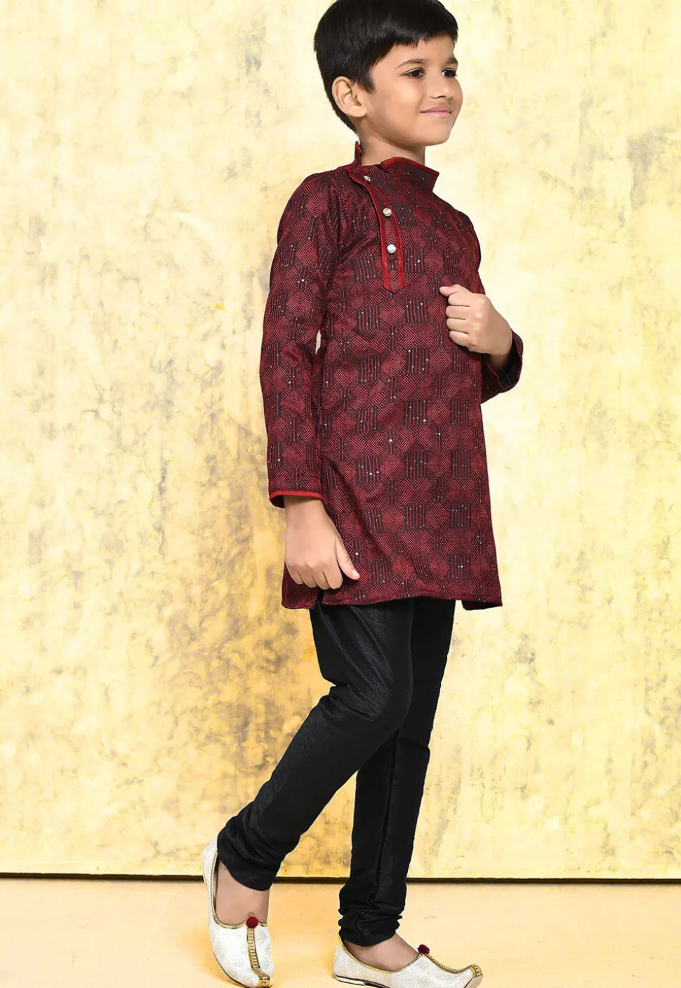 Embroidered Art Silk Jacquard Kurta Set in Maroon
