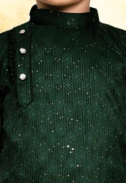 Embroidered Art Silk Jacquard Kurta Set in Dark Green