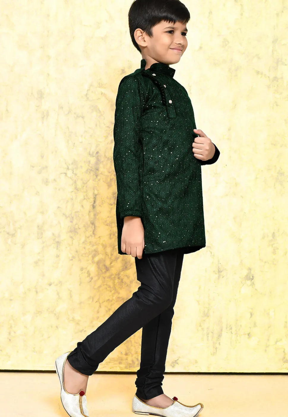 Embroidered Art Silk Jacquard Kurta Set in Dark Green