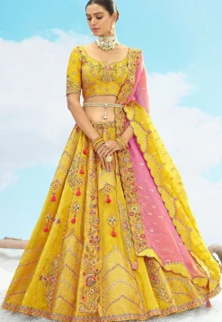 Embroidered Art Silk Jacquard Lehenga in Yellow