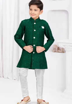 Embroidered Art Silk Jacquard Sherwani in Green