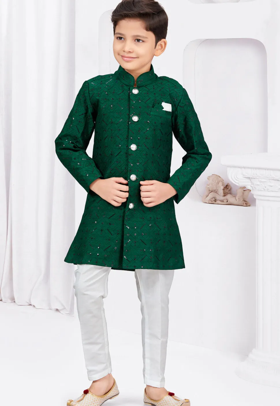 Embroidered Art Silk Jacquard Sherwani in Green