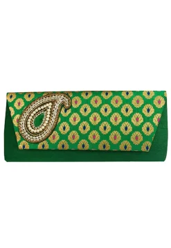 Embroidered Art Silk Jacquard Flap Clutch Bag in Green