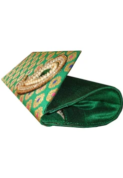 Embroidered Art Silk Jacquard Flap Clutch Bag in Green