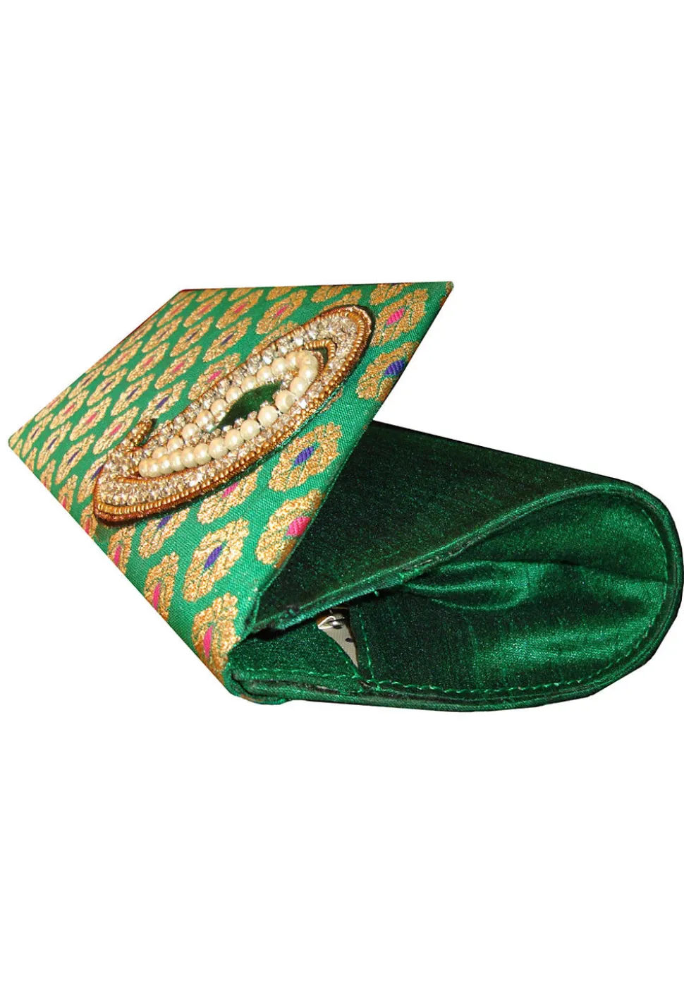Embroidered Art Silk Jacquard Flap Clutch Bag in Green