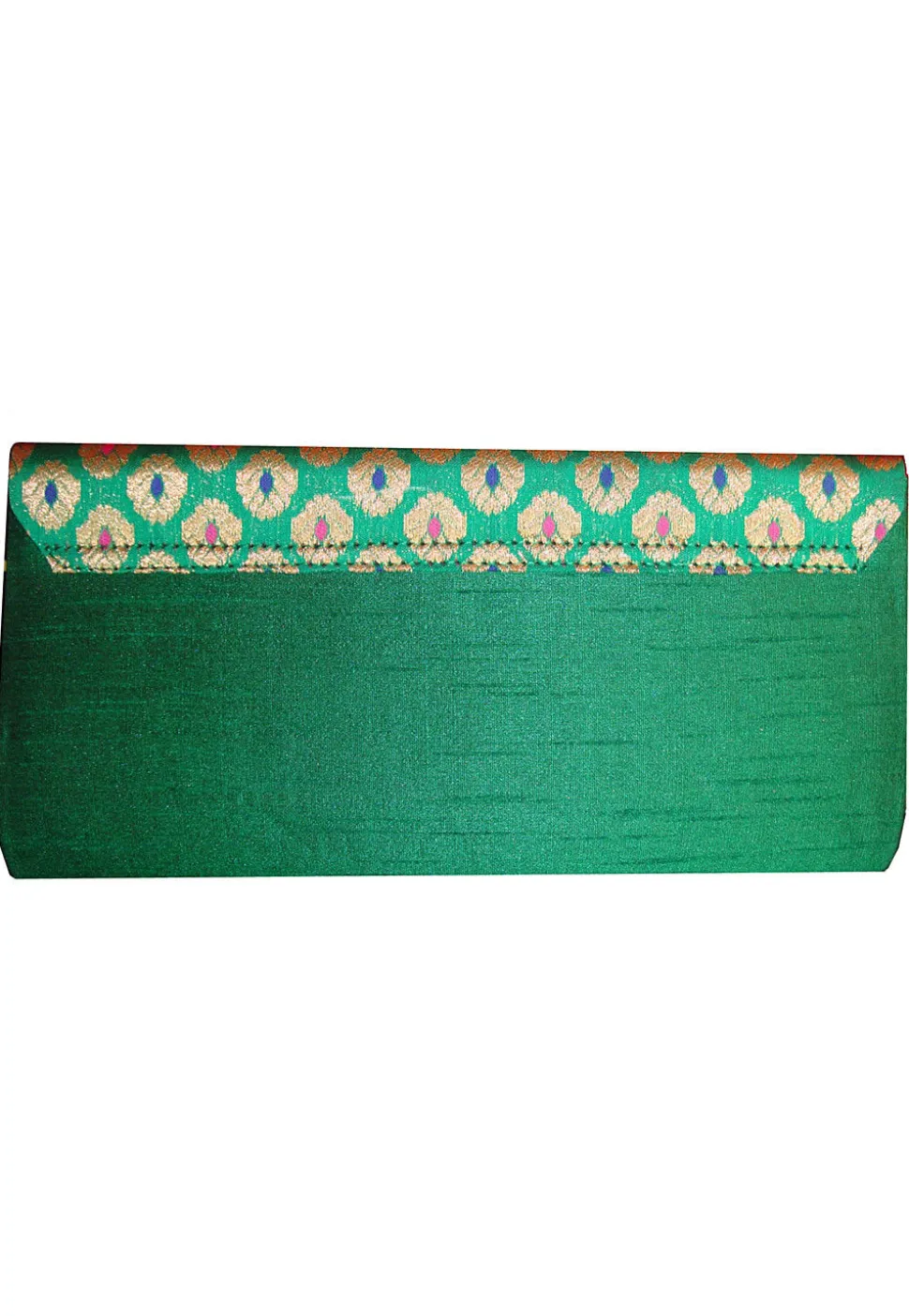 Embroidered Art Silk Jacquard Flap Clutch Bag in Green