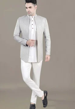 Embroidered Art Silk Jacquard Jodthpuri Suit in Grey