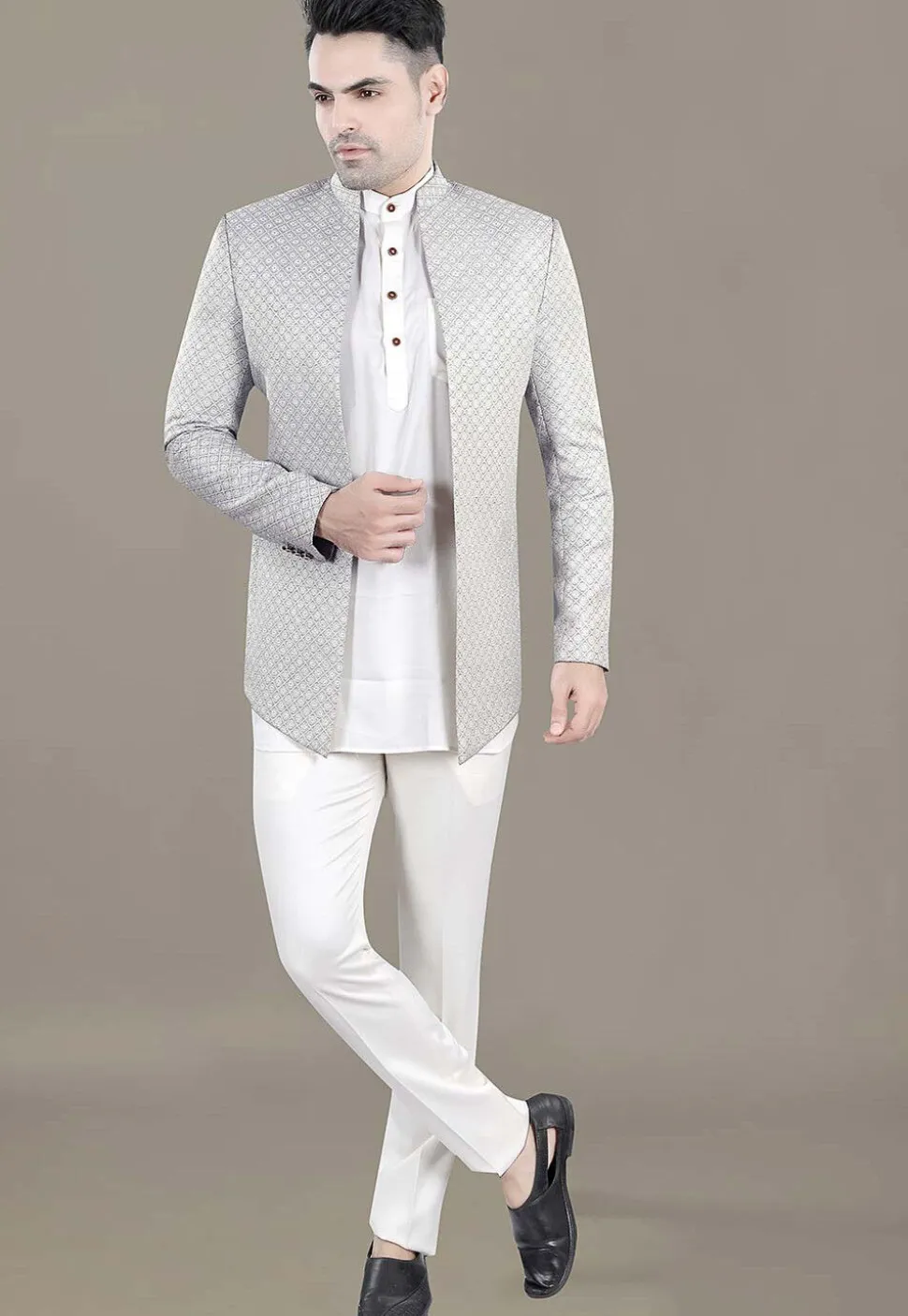 Embroidered Art Silk Jacquard Jodthpuri Suit in Grey