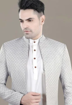 Embroidered Art Silk Jacquard Jodthpuri Suit in Grey