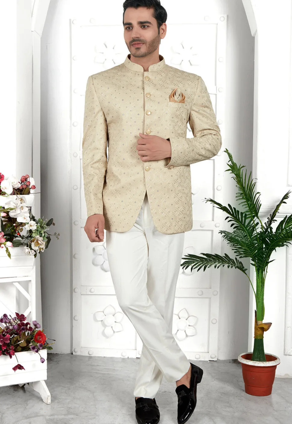 Embroidered Art Silk Jacquard Jodhpuri Jacket in Beige
