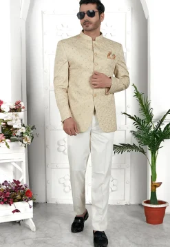 Embroidered Art Silk Jacquard Jodhpuri Jacket in Beige
