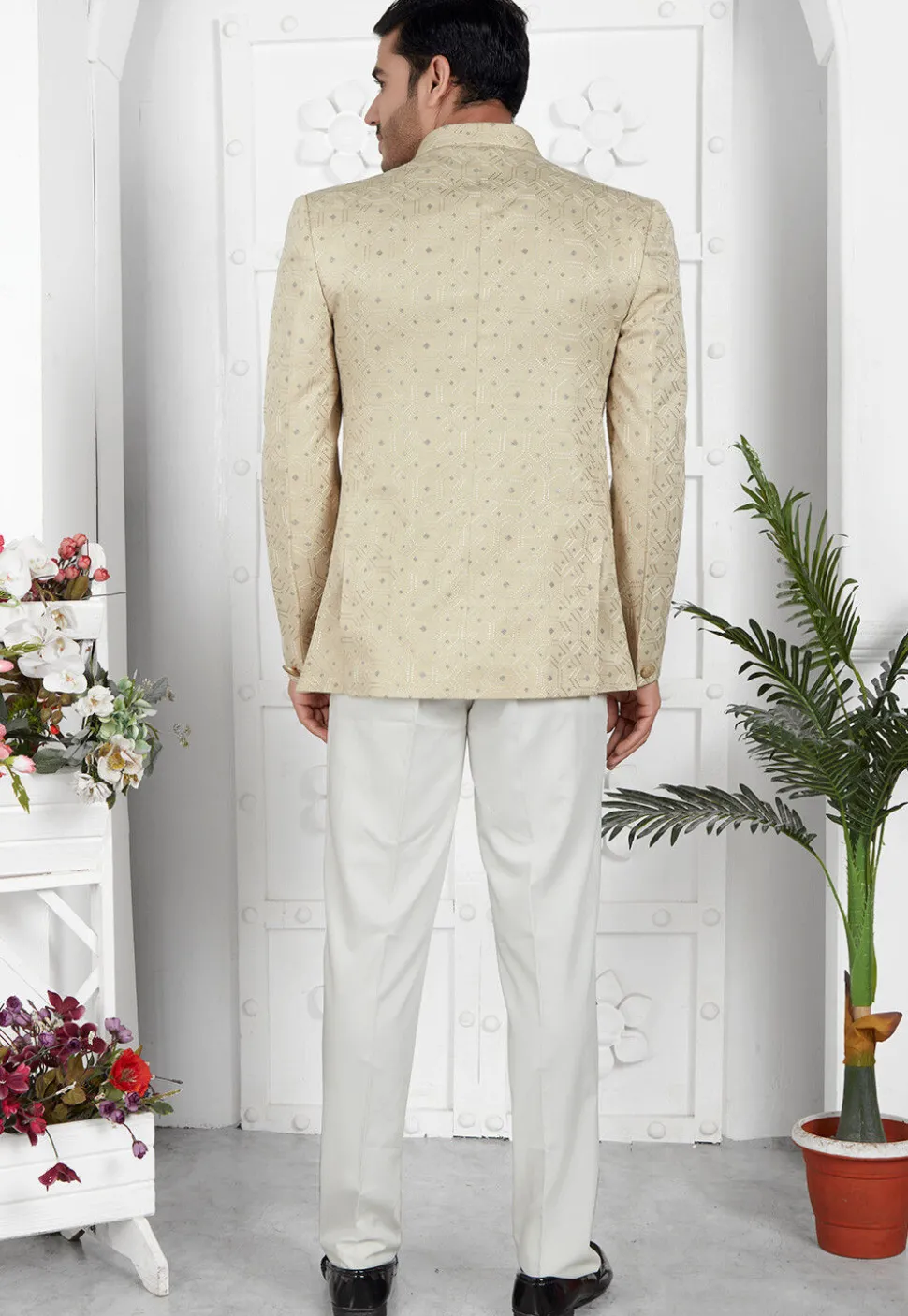 Embroidered Art Silk Jacquard Jodhpuri Jacket in Beige