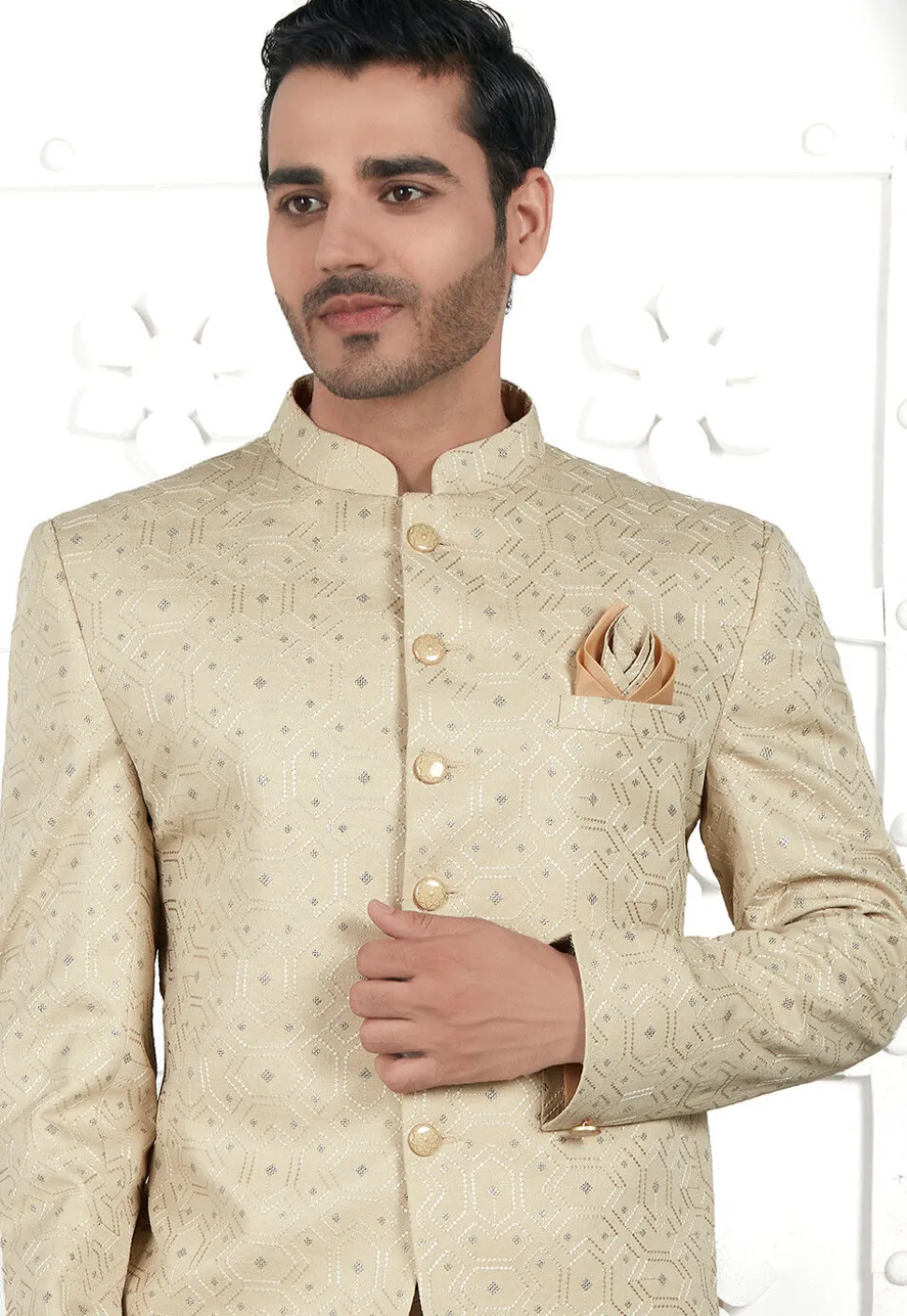 Embroidered Art Silk Jacquard Jodhpuri Jacket in Beige