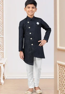 Embroidered Art Silk Jacquard Sherwani in Navy Blue
