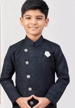 Embroidered Art Silk Jacquard Sherwani in Navy Blue