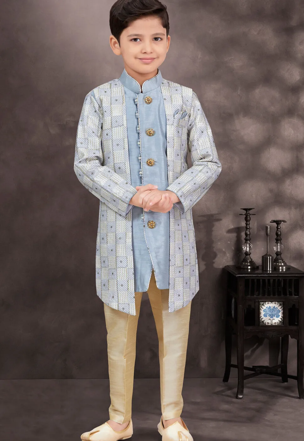 Embroidered Art Silk Jacquard Layered Sherwani in Sky Blue and Grey