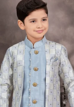 Embroidered Art Silk Jacquard Layered Sherwani in Sky Blue and Grey