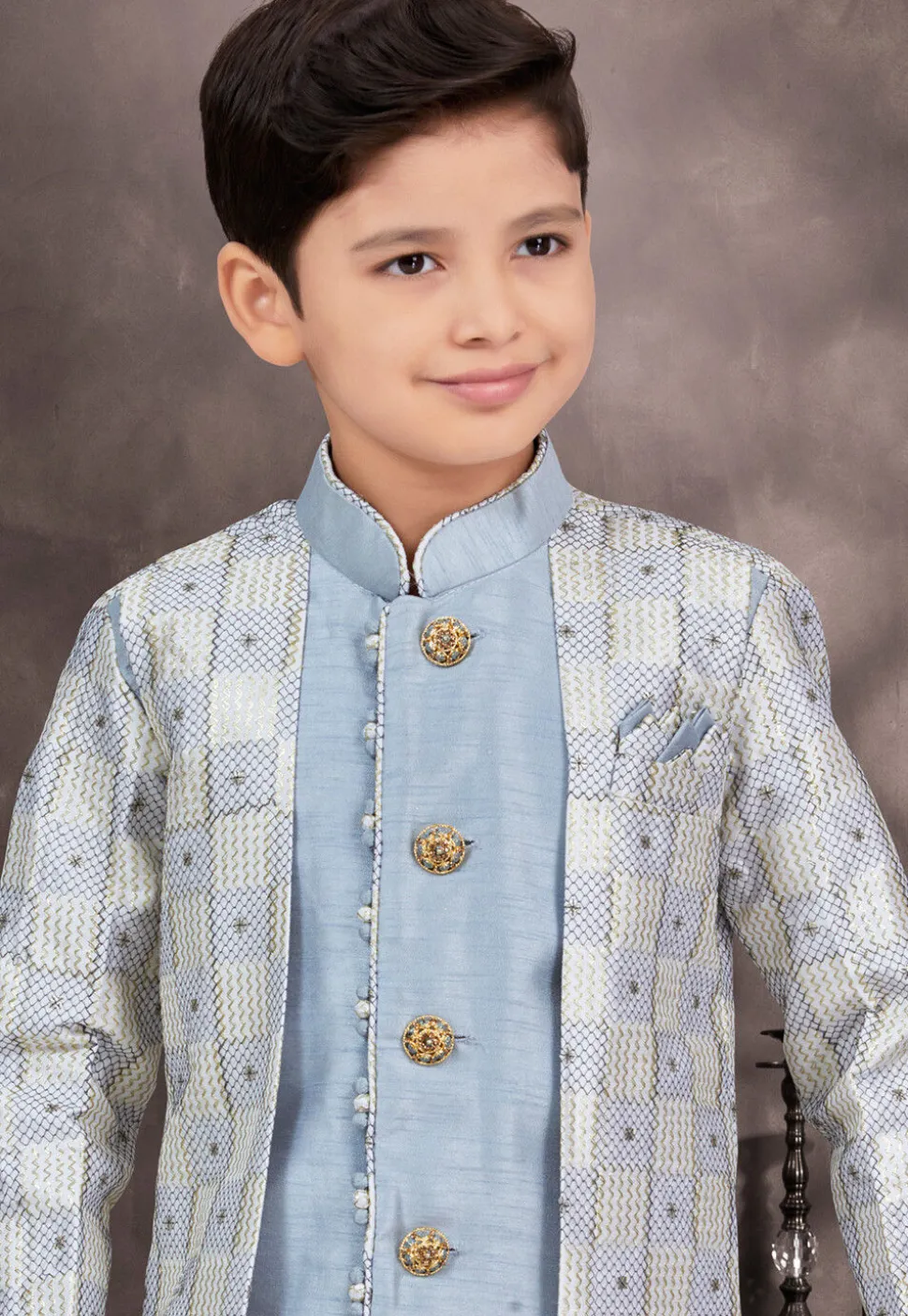 Embroidered Art Silk Jacquard Layered Sherwani in Sky Blue and Grey