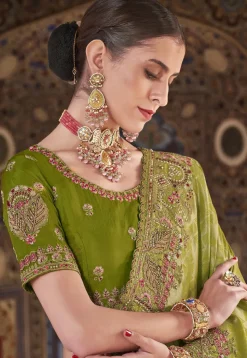 Embroidered Art Silk Jacquard Saree in Olive Green
