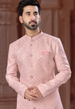 Embroidered Art Silk Jacquard Sherwani in Pink