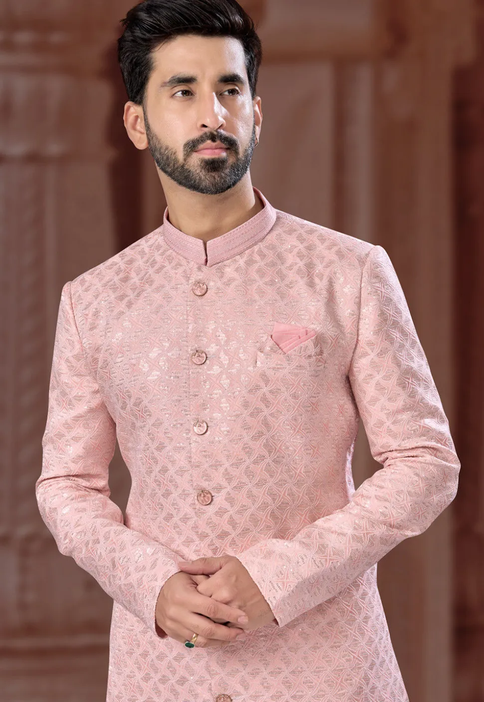 Embroidered Art Silk Jacquard Sherwani in Pink