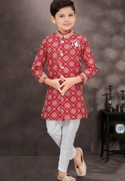 Embroidered Art Silk Jacquard Sherwani in Maroon
