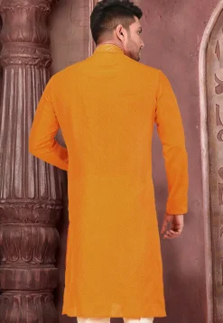 Embroidered Art Silk Jacquard Kurta in Mustard