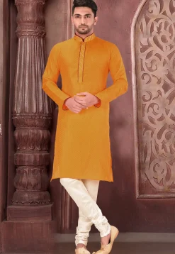 Embroidered Art Silk Jacquard Kurta in Mustard