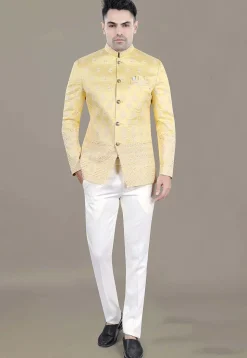 Embroidered Art Silk Jacquard Jodhpuri Suit in Yellow
