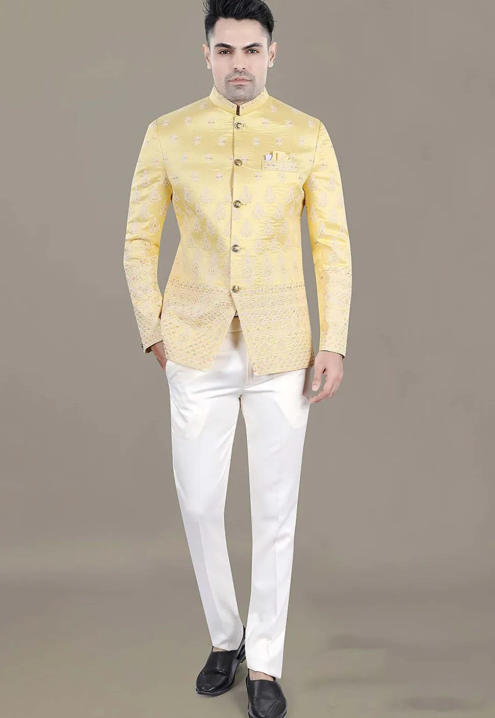 Embroidered Art Silk Jacquard Jodhpuri Suit in Yellow