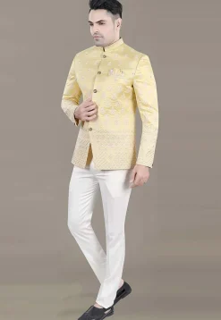 Embroidered Art Silk Jacquard Jodhpuri Suit in Yellow