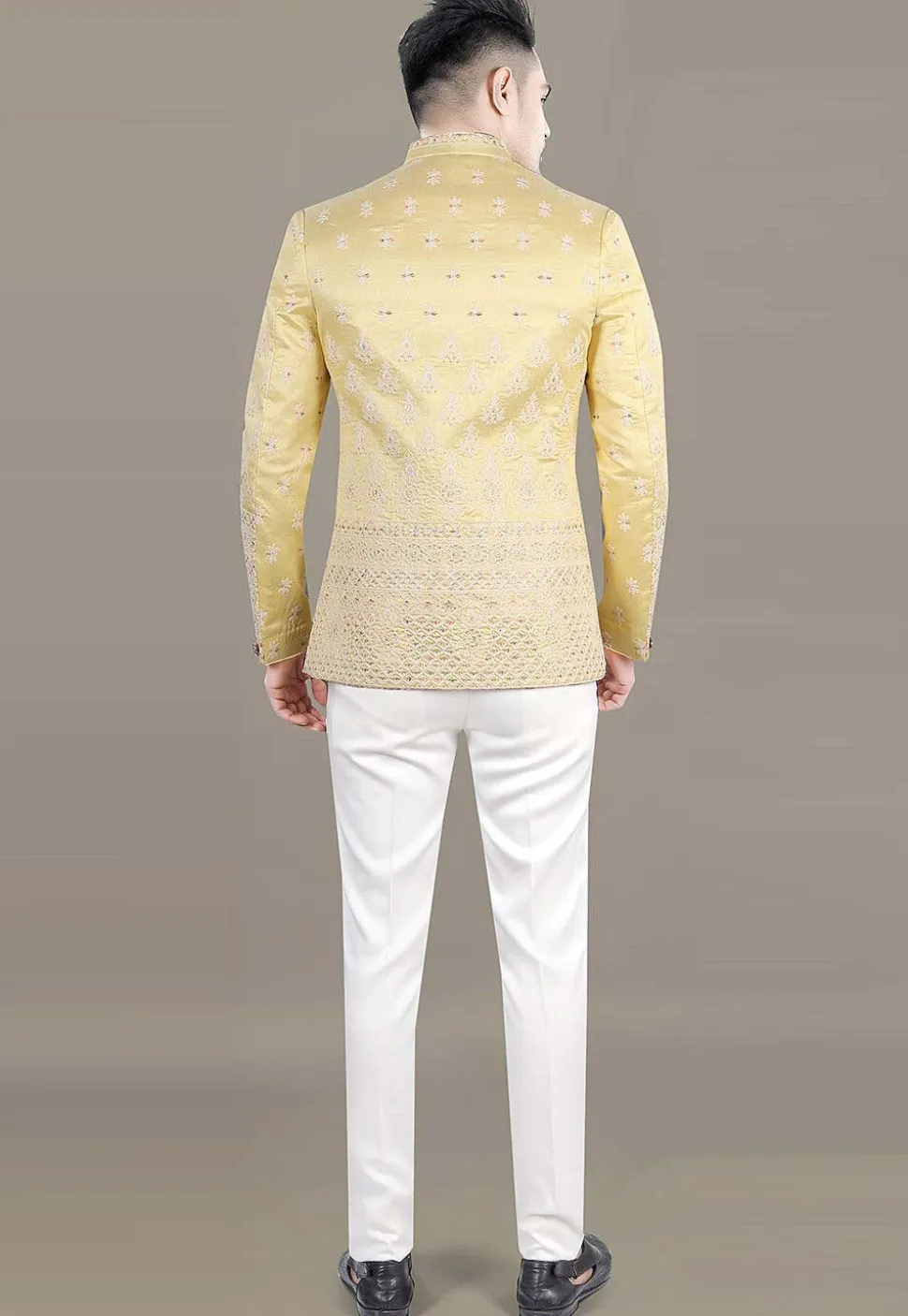 Embroidered Art Silk Jacquard Jodhpuri Suit in Yellow
