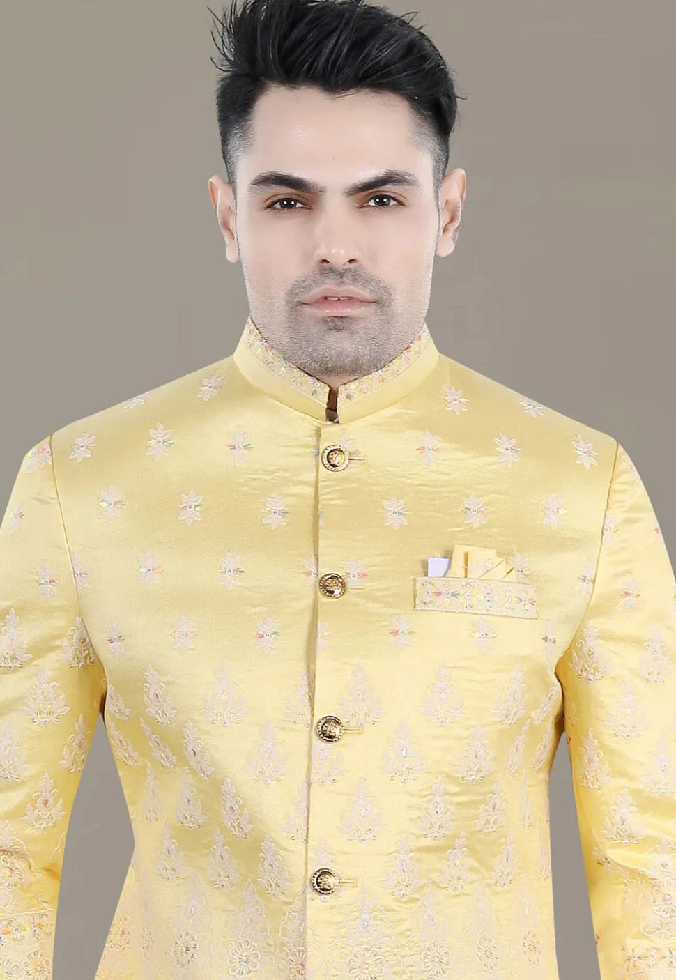 Embroidered Art Silk Jacquard Jodhpuri Suit in Yellow