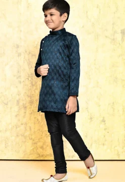 Embroidered Art Silk Jacquard Kurta Set in Navy Blue