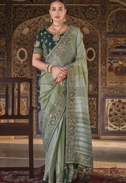 Embroidered Art Silk Jacquard Saree in Dusty Green