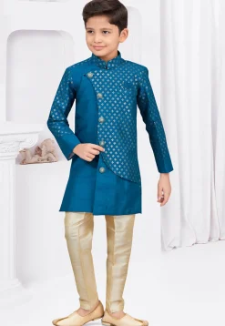 Embroidered Art Silk Jacquard Sherwani in Teal Blue