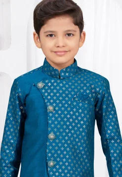 Embroidered Art Silk Jacquard Sherwani in Teal Blue