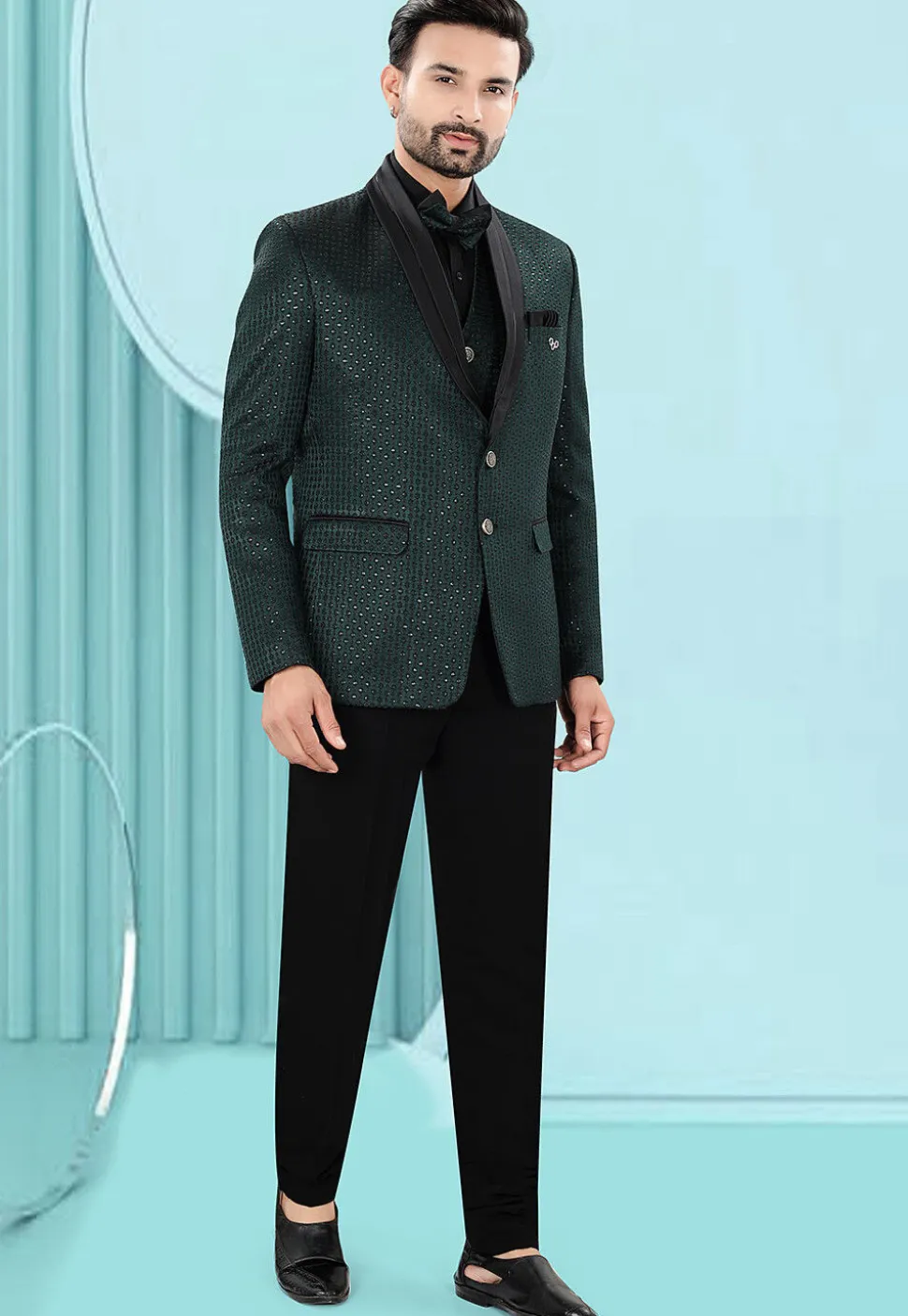 Embroidered Art Silk Jacquard Tuxedo in Dark Green