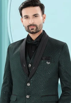 Embroidered Art Silk Jacquard Tuxedo in Dark Green