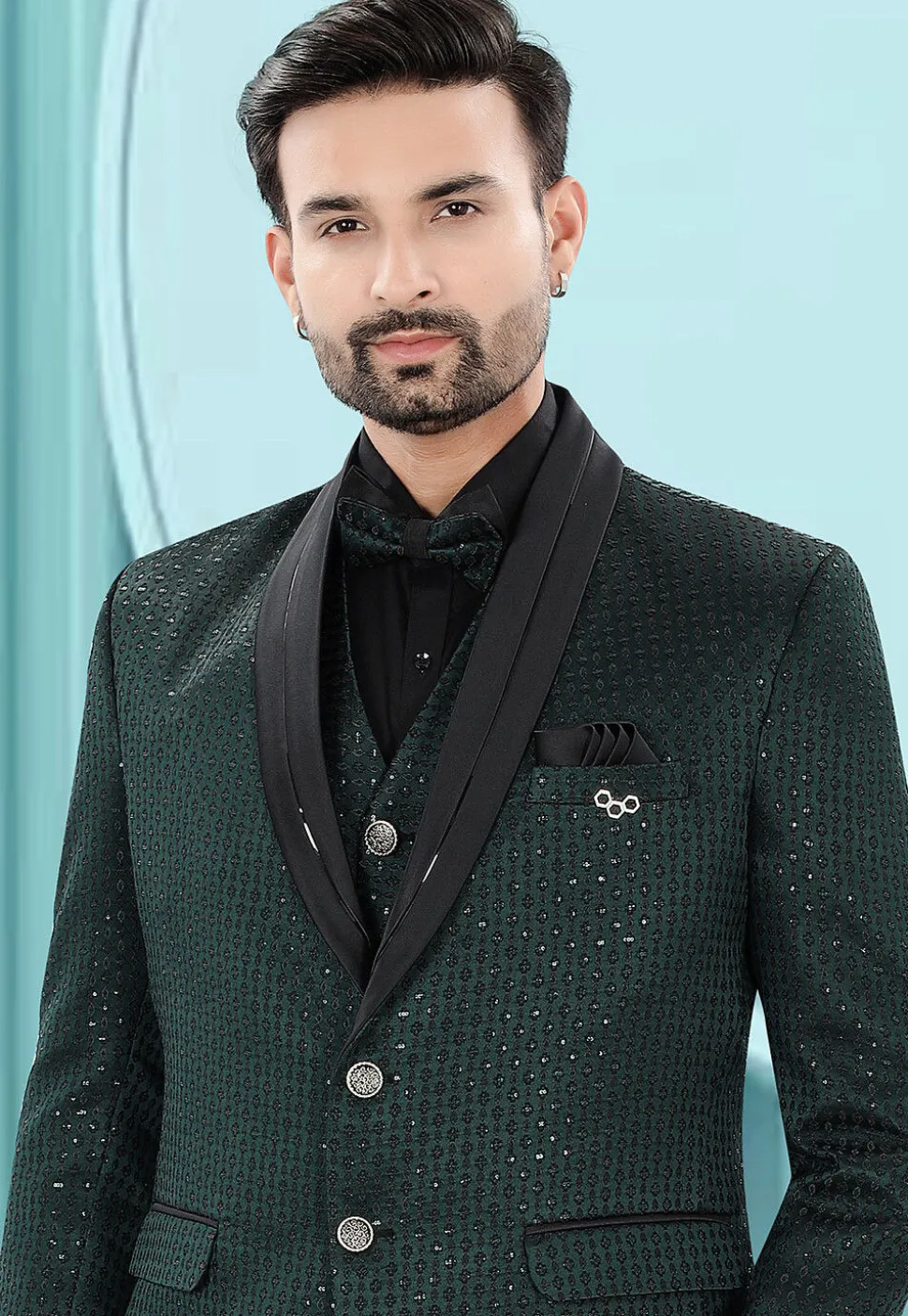 Embroidered Art Silk Jacquard Tuxedo in Dark Green