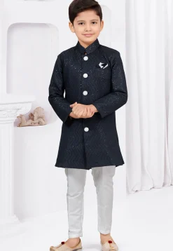 Embroidered Art Silk Jacquard Sherwani in Navy Blue