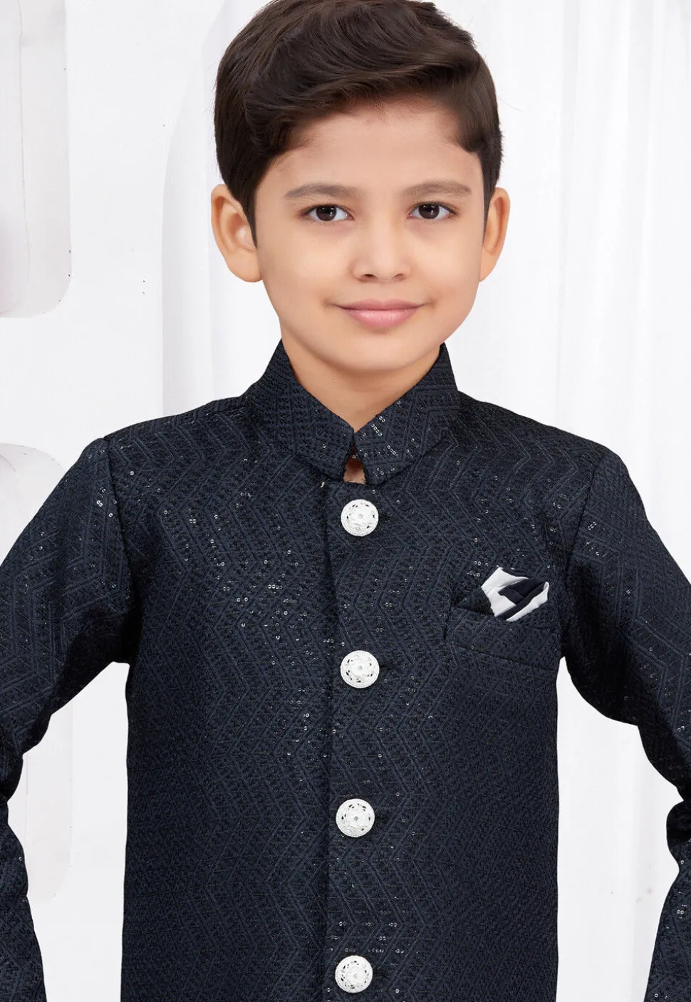 Embroidered Art Silk Jacquard Sherwani in Navy Blue