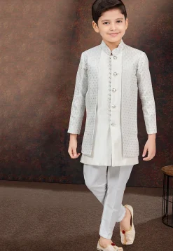 Embroidered Art Silk Jacquard Layered Sherwani in Off White