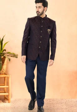 Embroidered Art Silk Jacquard Jodhpuri Suit in Navy Blue