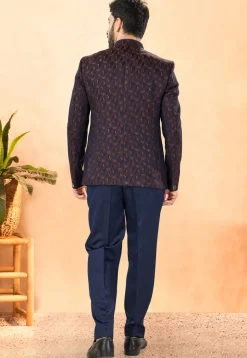 Embroidered Art Silk Jacquard Jodhpuri Suit in Navy Blue