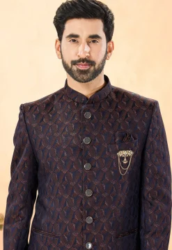 Embroidered Art Silk Jacquard Jodhpuri Suit in Navy Blue