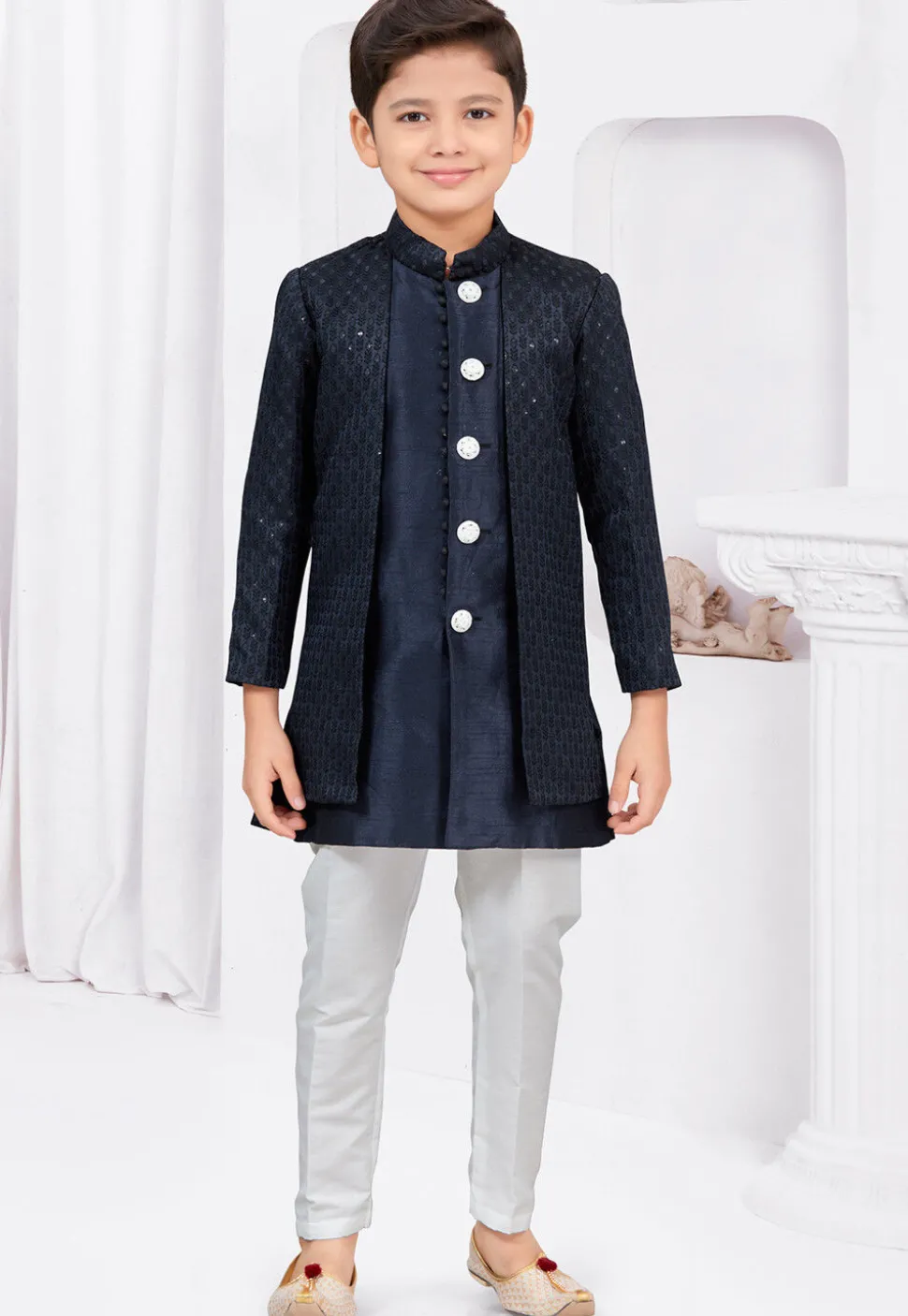 Embroidered Art Silk Jacquard Sherwani in Navy Blue